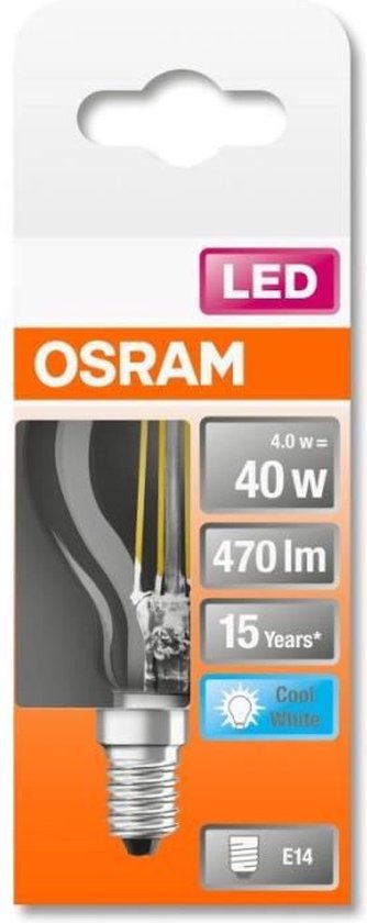 OSRAM 4058075435209 LED-lamp Energielabel E (A - G) E14 Peer 4 W = 40 W Koudwit (Ø x l) 45 mm x 77 mm 1 stuk(s)