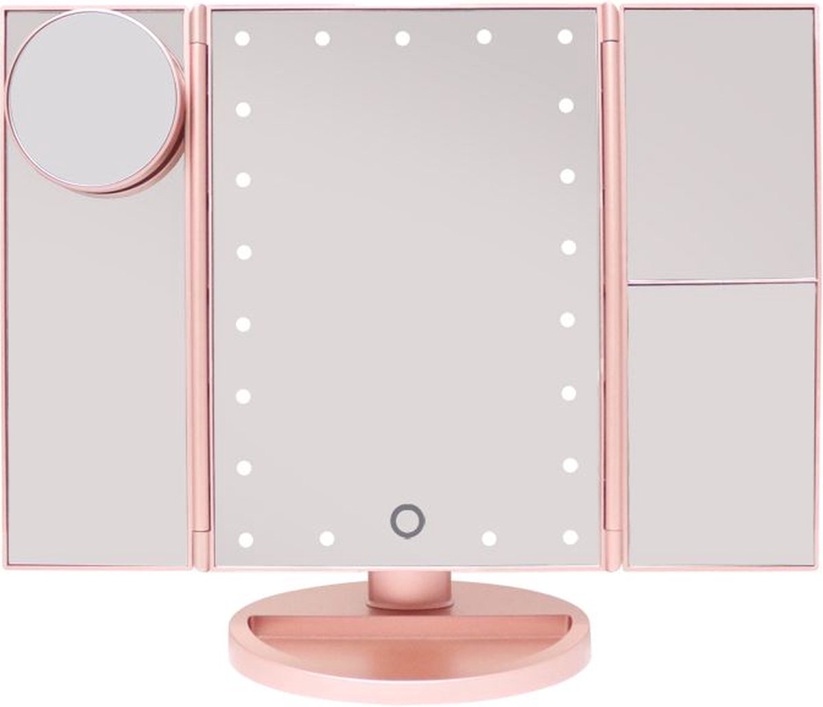 UNIQ Trifold Make Up Spiegel met LED verlichting en 2 vergrootspiegels - Staande spiegel - 21 LED-lampjes - op batterijen en USB (kabel incl) - Rosé Goud