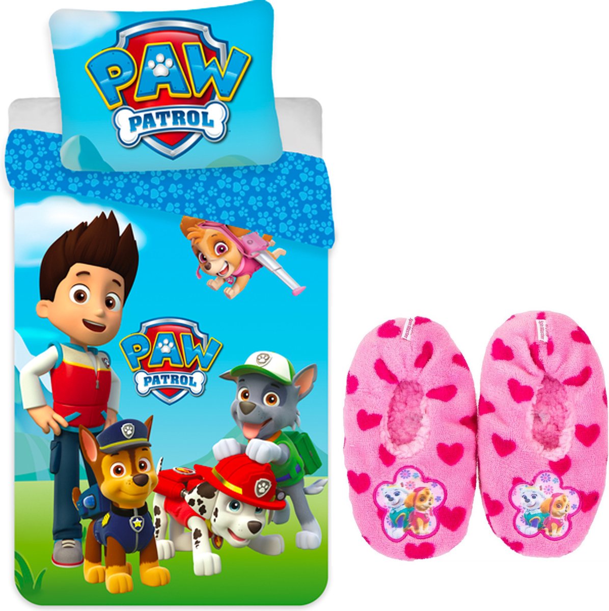 Paw Patrol Dekbedovertrek- 1 persoons 140x200cm- kussen 65x65cm- 100%katoen, incl. Paw Patrol huis slofjes mt 23-26