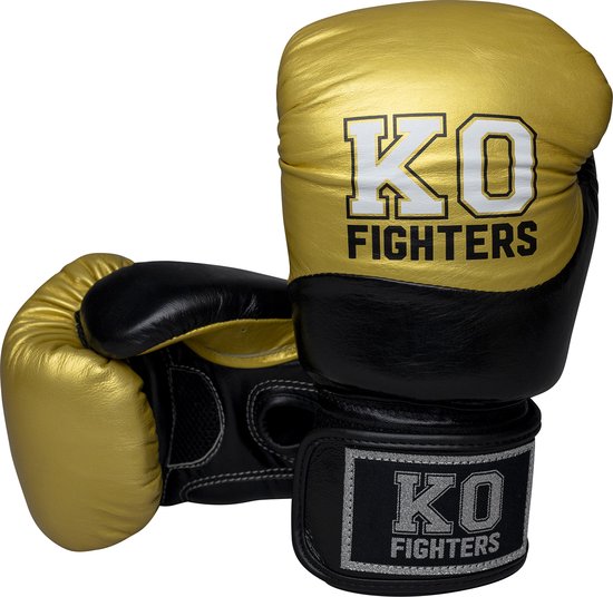 Gouden en zwarte bokshandschoenen met KO FIGHTERS logo.