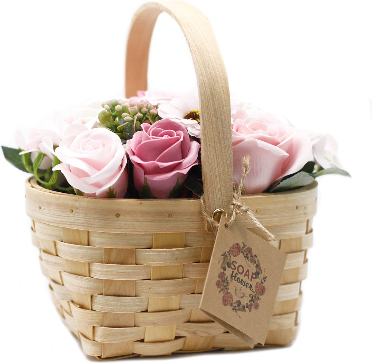 Zeep Bloemen Boeket in Rieten Mand - Roze - Large - 19x12x16cm
