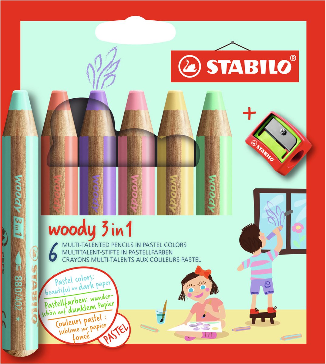STABILO Woody 3 in 1 - Multitalent Kleurpotlood - Etui Met 6 Pastel Kleuren Incl. Puntenslijper