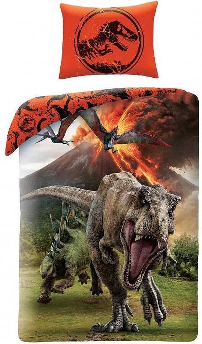 Jurassic World T-Rex- Vulkaan- Dinosaurus Dekbedovertrek - Eenpersoons - 140x200 cm.