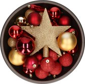 Set van 33x stuks kunststof/plastic kerstballen met ster piek rood/goud mix - Onbreekbaar - Kerstversiering/kerstboomversiering