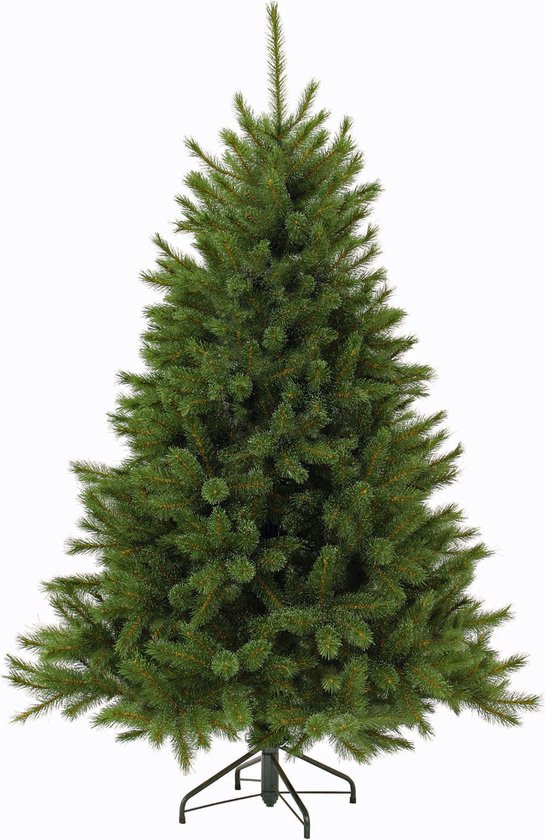 Een groene kunstkerstboom met standaard, afgebeeld op een witte achtergrond.