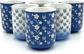 Lavandoux - Mokken - Beker - Steengoed - Bloemen - Blauw en Wit - 250ml - set van 6