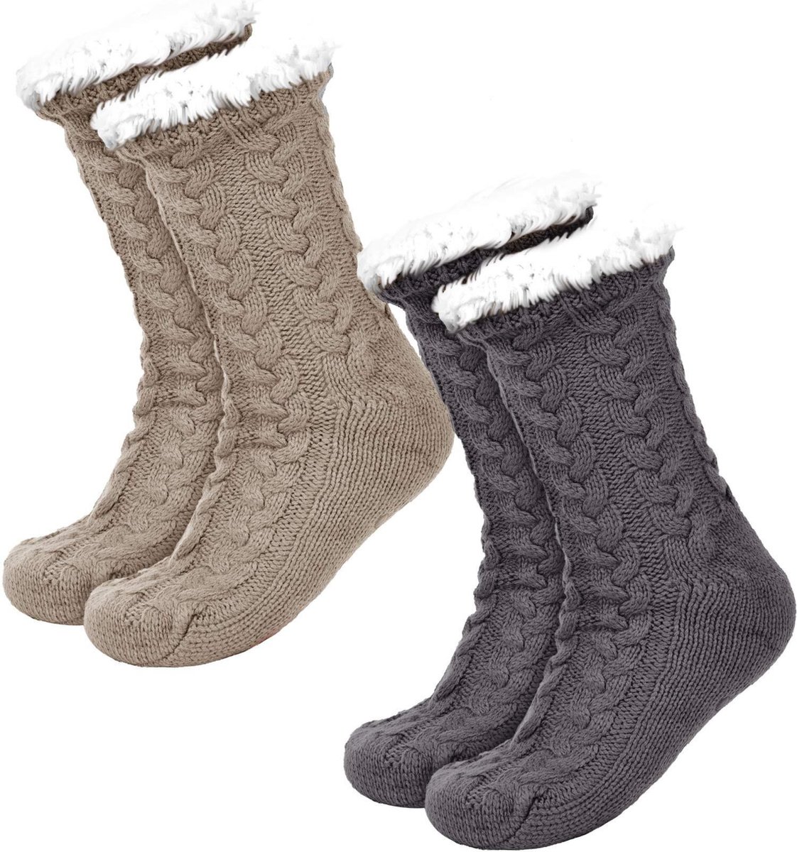 JAXY Huissokken - Huissokken Dames en Heren - Verwarmde sokken - Anti Slip Sokken - Fleece Sokken - Dikke Sokken - Fluffy Sokken - Slofsokken - Warme Sokken - Bedsokken - Gevoerde Sokken - Winter Sokken - 2 Paar - Grijs + Beige