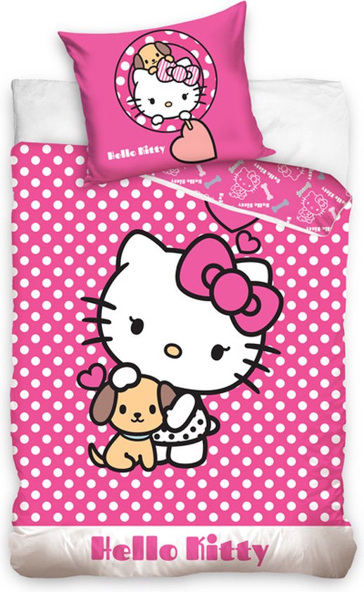 Housse de couette Hello Kitty - Pois - 140x200 cm + taie d'oreiller 70x90  cm - Rose | bol.com
