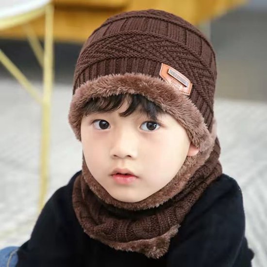 Set de bonnet tricoté de Luxe avec snood | Marron café| Enfants|4-8 ans  (Maintenant... | bol.com