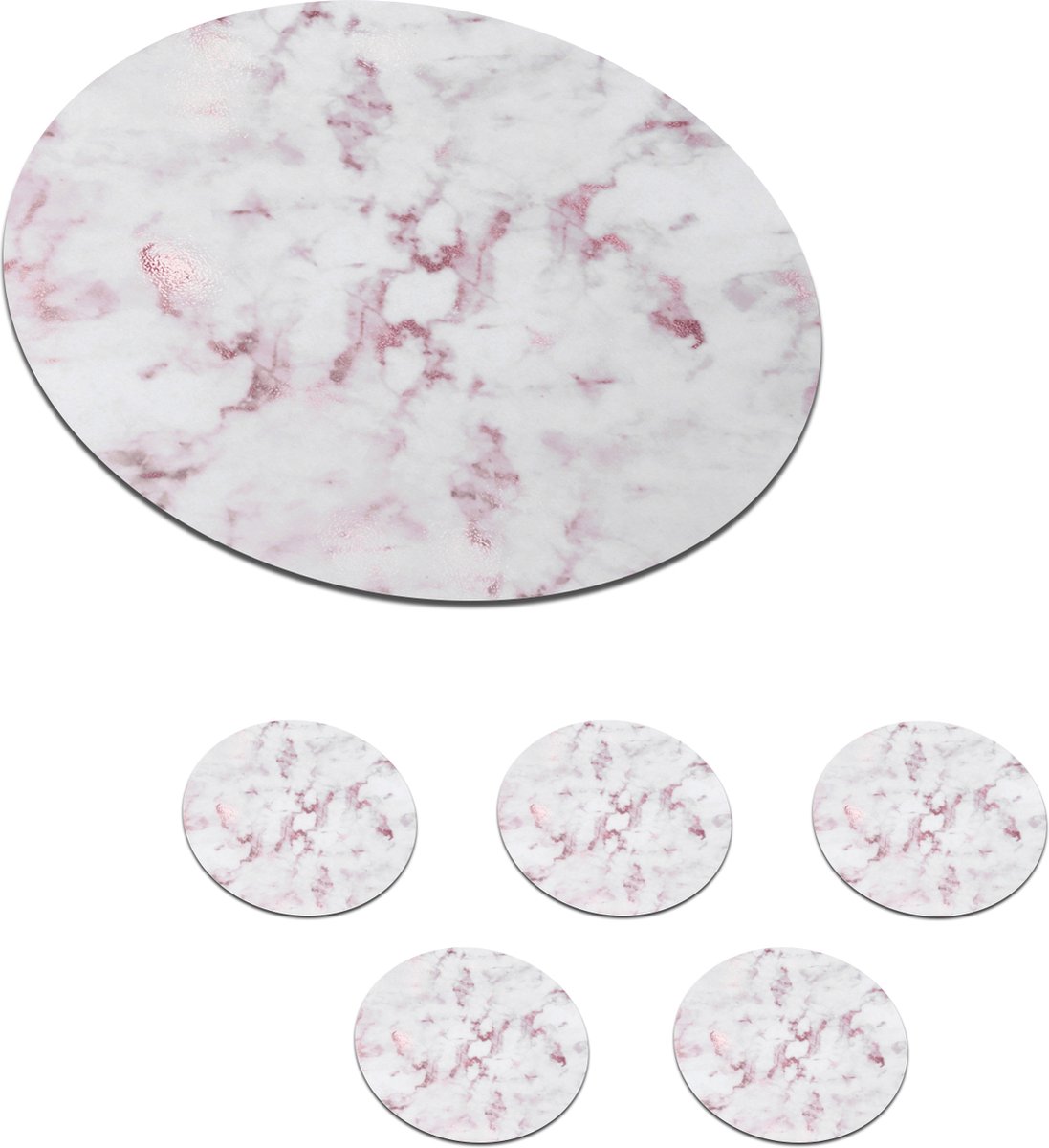Onderzetters voor glazen - Rond - Marmer - Roze - Wit - 10x10 cm - Glasonderzetters - 6 stuks