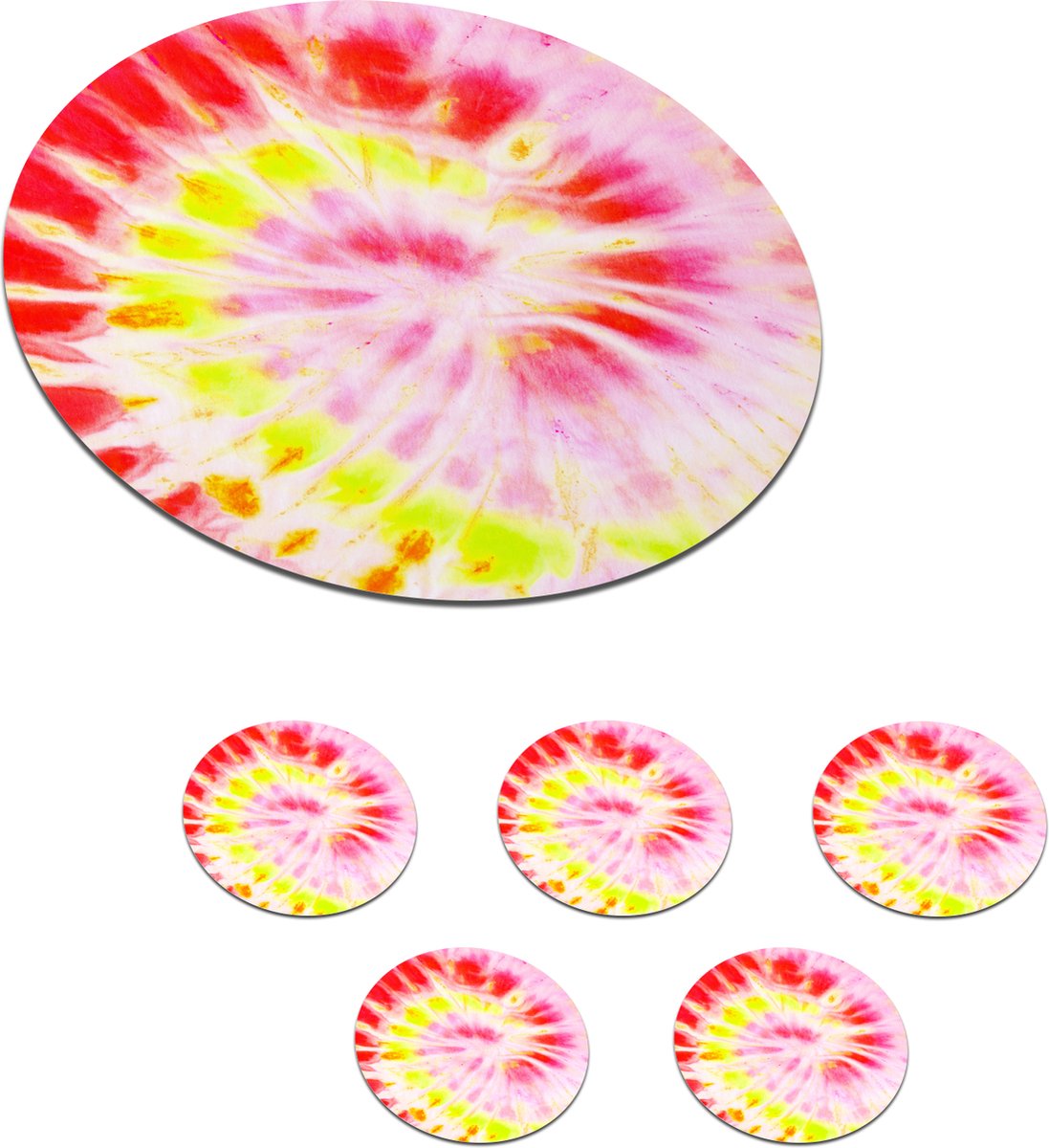 Onderzetters voor glazen - Rond - Tie dye - Rood - Geel - 10x10 cm - Glasonderzetters - 6 stuks
