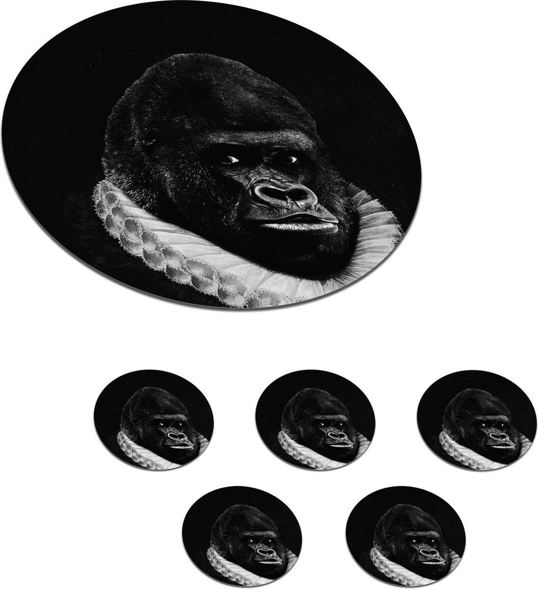 Onderzetters voor glazen - Rond - Schilderij - Gorilla - Zwart - Wit - 10x10 cm - Glasonderzetters - 6 stuks