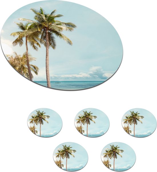 Sous-verres pour verres - Rond - Palmier - Mer - Été - 10x10 cm - Sous-verres en verre - 6 pièces