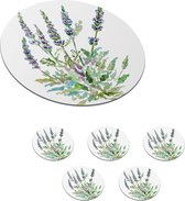 Onderzetters voor glazen - Rond - Waterverf - Lavendel - Bladeren - Details - 10x10 cm - Glasonderzetters - 6 stuks