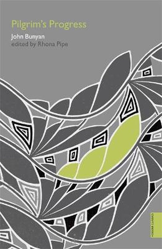 Boekomslag van Pilgrim's Progress door John Bunyan, met een grijs en groen abstract patroon.