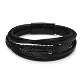 Bixorp - Gevlochten Herenarmband van Faux Leer met Zwartkleurig blad - Zwarte Imitatieleer Armband voor Mannen - Zwarte armband met Stainless Steel Zwarte Details