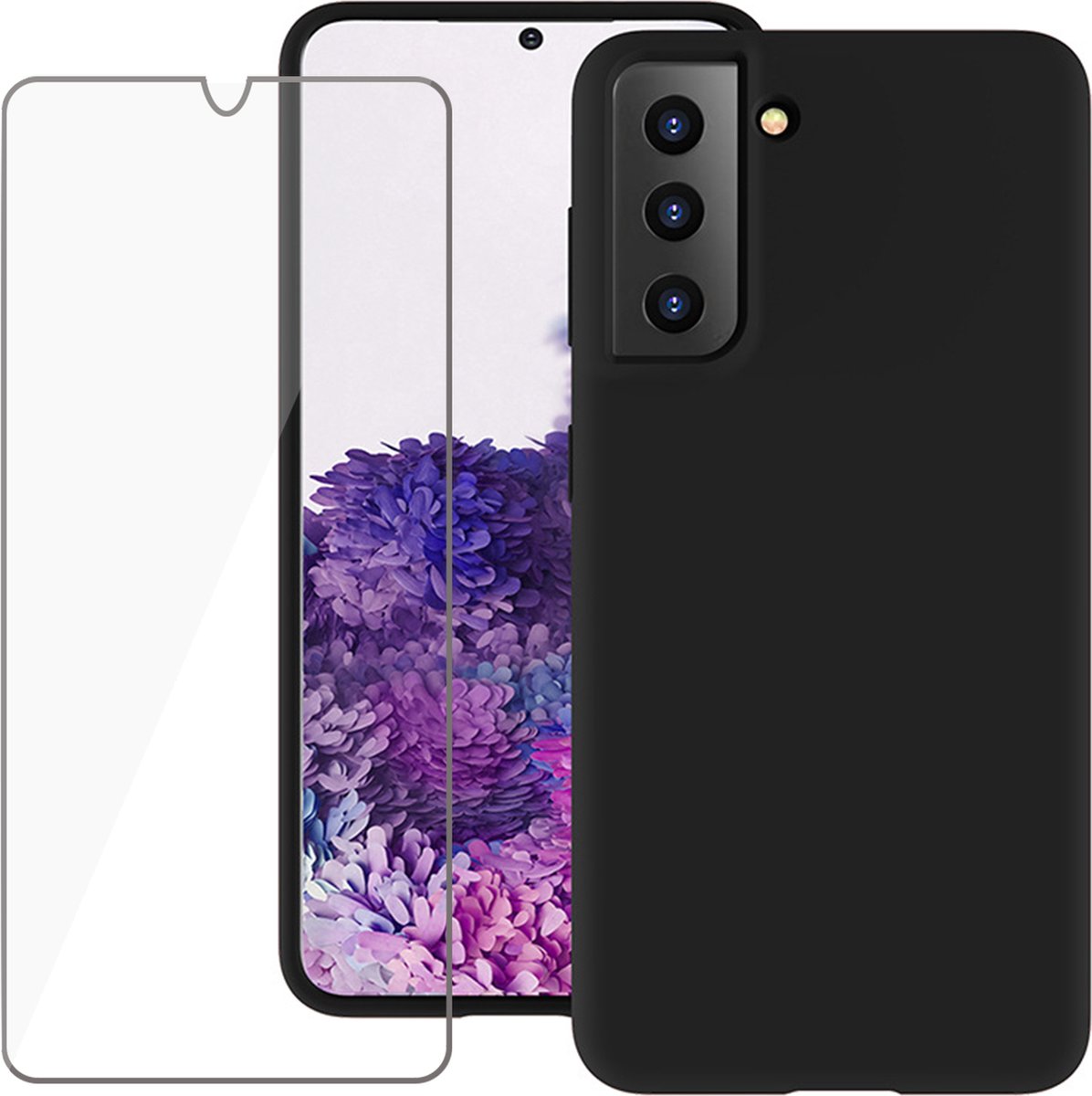 Hoesje geschikt voor Samsung Galaxy S21 FE - Soft Sliky Skin Case Anti Shock Siliconen Back Cover Hoes Zwart - Screenprotector Beschermglas Gehard Glas Tempered Glass Screen Protector