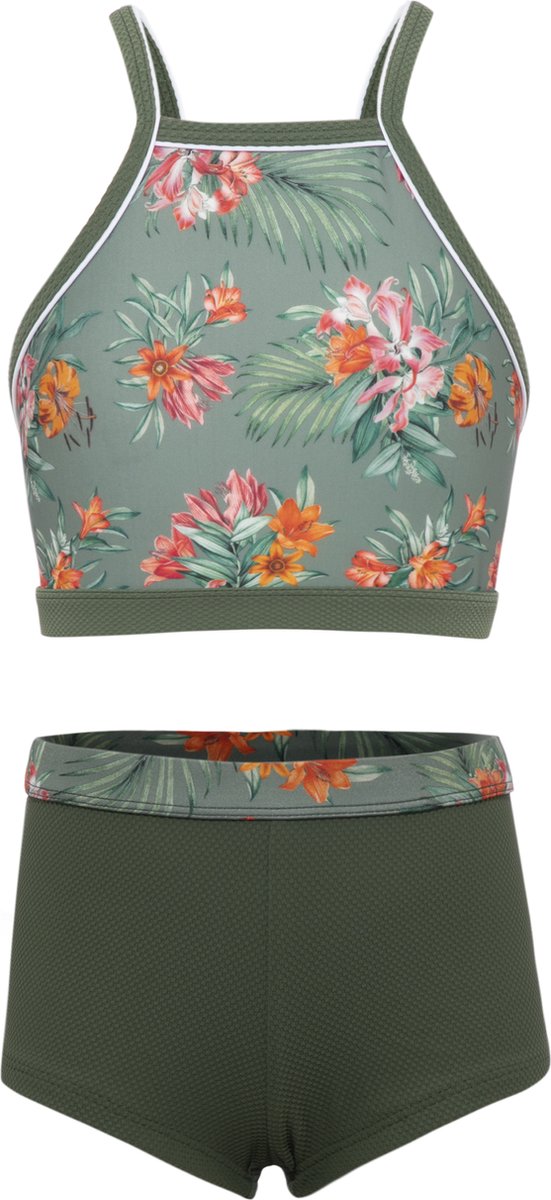 La V Bikini hipster broekje en cro top met racerback - Hawaii flowers Groen 152-158 Lichtgroen