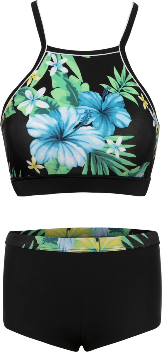 La V Bikini hipster broekje en crop top met racerback - Tropical flower black 152-158 Zwart/Groen