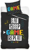 DREAMEE Dekbedovertrek Eat Sleep Game Repeat - Eenpersoons - 140x200 + 70x90 cm - Multi/Zwart
