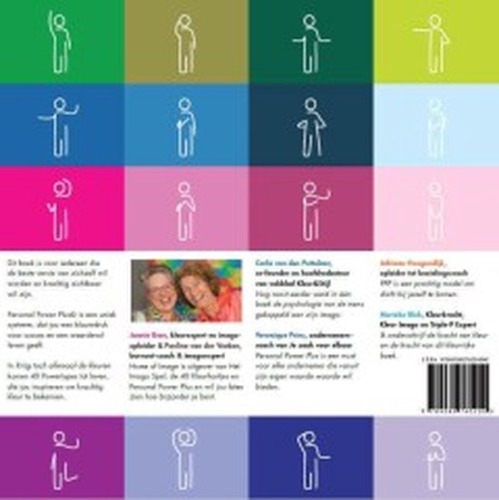Achterkant van een boek met 16 gekleurde vakjes met lijnfiguren, foto van twee vrouwen en tekstblokken.