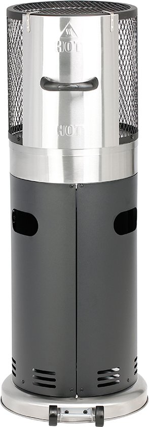 Zwarte staande terrasverwarmer met zilveren details en wieltjes aan de basis. Op witte achtergrond.
