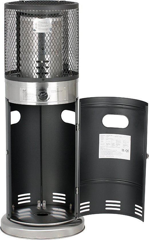 Zwarte staande terrasverwarmer met zilveren details, deur open, met de binnenkant zichtbaar. Op witte achtergrond.