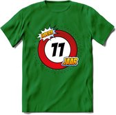 11 Jaar Hoera Verkeersbord T-Shirt | Grappig Verjaardag Cadeau | Dames - Heren | - Donker Groen - XL