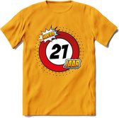 21 Jaar Hoera Verkeersbord T-Shirt | Grappig Verjaardag Cadeau | Dames - Heren | - Geel - S