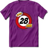 28 Jaar Hoera Verkeersbord T-Shirt | Grappig Verjaardag Cadeau | Dames - Heren | - Paars - S