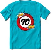 90 Jaar Hoera Verkeersbord T-Shirt | Grappig Verjaardag Cadeau | Dames - Heren | - Blauw - M
