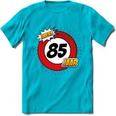 85 Jaar Hoera Verkeersbord T-Shirt | Grappig Verjaardag Cadeau | Dames - Heren | - Blauw - XL