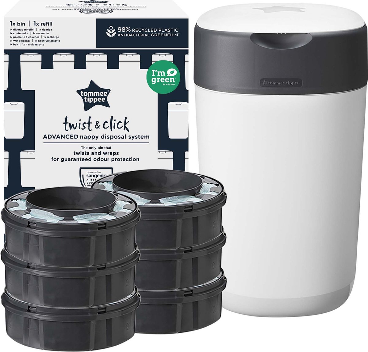 Tommee Tippee Milieuvriendelijke Twist & Click Luieremmer inclusief 6 navulcassettes met duurzaam geproduceerde antibacteriële GREENFILM Wit