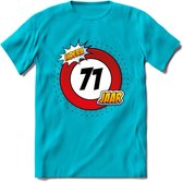 71 Jaar Hoera Verkeersbord T-Shirt | Grappig Verjaardag Cadeau | Dames - Heren | - Blauw - XL