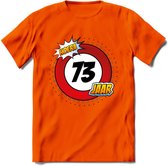 73 Jaar Hoera Verkeersbord T-Shirt | Grappig Verjaardag Cadeau | Dames - Heren | - Oranje - XL