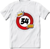 34 Jaar Hoera Verkeersbord T-Shirt | Grappig Verjaardag Cadeau | Dames - Heren | - Wit - XL
