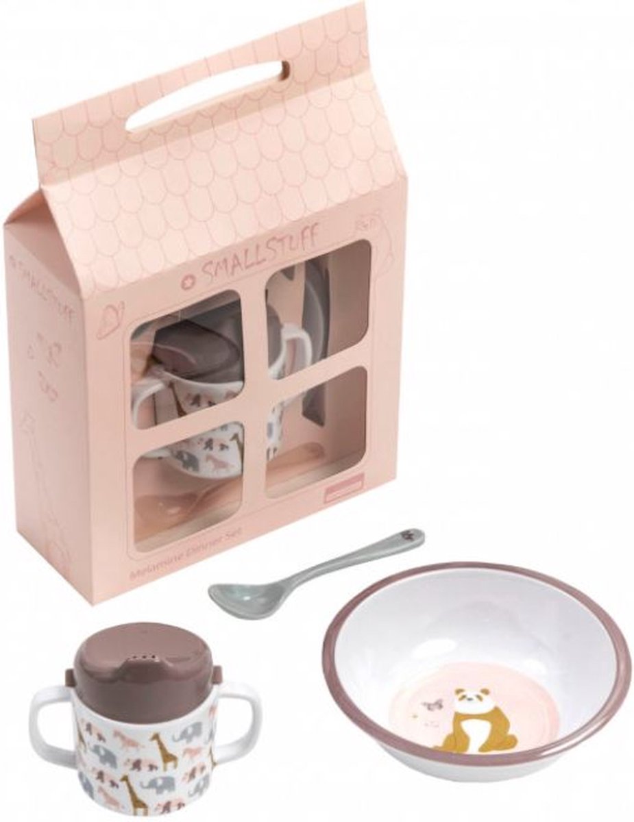Smallstuff giftbox, dinerset voor kinderen- melamine- bestaat uit een schaaltje, een lepel en een tuitbeker met handvat