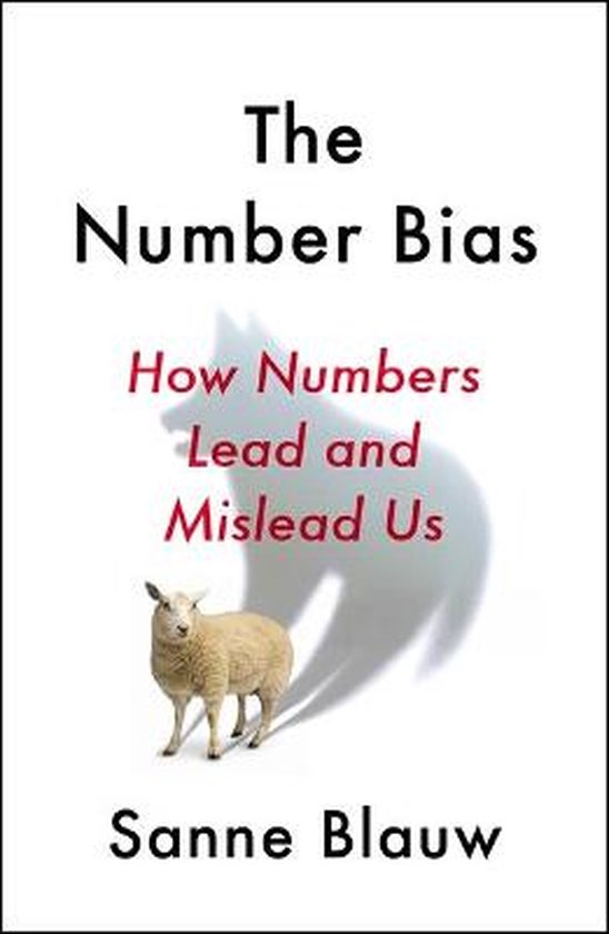 Boekomslag: 'The Number Bias' door Sanne Blauw, met een schaap dat een wolfschaduw werpt op een witte achtergrond.