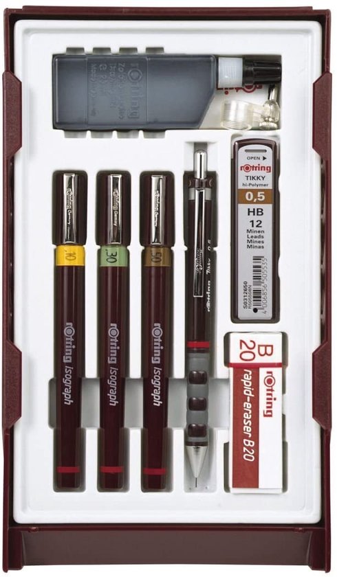 rOtring Isograph-pennenset technische pen en vulpotlood Collegeset | 3 pennen (0,2 mm, 0,3 mm, 0,5 mm) en mechanisch vulpotlood (0,5 mm) plus accessoires | 9 stuks