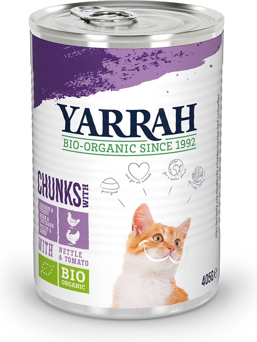 12x Yarrah Bio Kattenvoer Chunks Kip&Kalkoen 405 gr