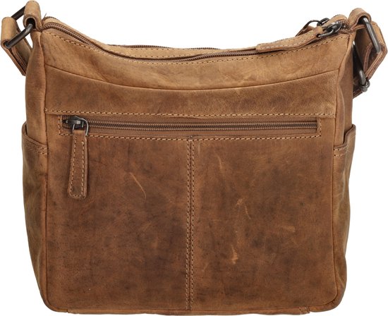 Bruine leren schoudertas met ritsen en vakken, achterkant, met 'Hide & Stitches' logo.