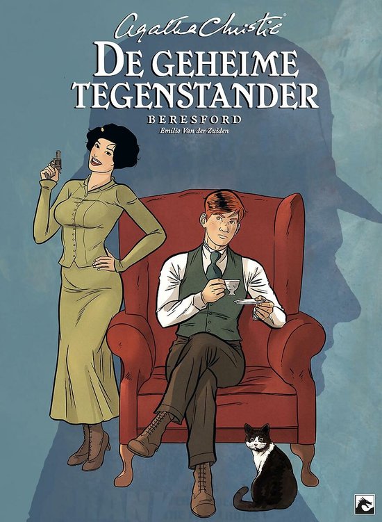 Een man en een vrouw, beide in vintage kleding, zitten in een stoel met een kat aan hun voeten, de titel van het boek.