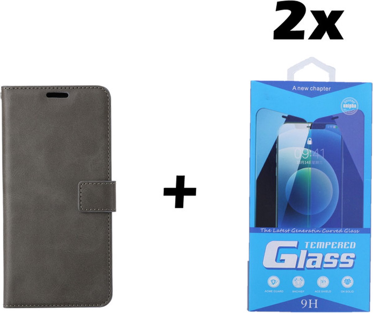Samsung Galaxy A22 5G Telefoonhoesje - Bookcase - Ruimte voor 3 pasjes - Kunstleer - met 2x Tempered Screenprotector - SAFRANT1 - Grijs
