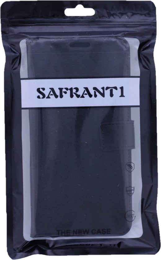 Zwarte kunstleren telefoonhoes in verpakking met 'SAFRANT1' logo.