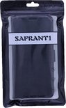 Zwarte kunstleren telefoonhoes in verpakking met 'SAFRANT1' logo.