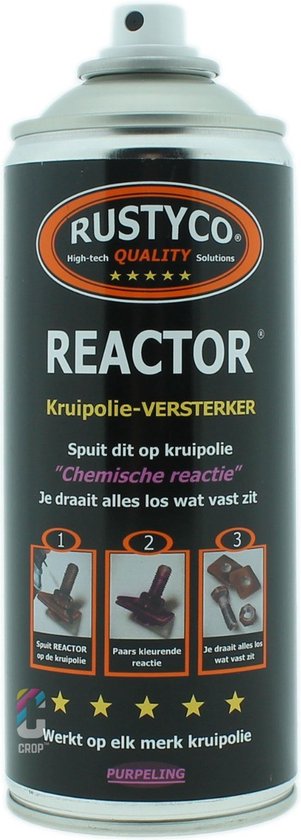 Zwarte spuitbus Rustyco REACTOR, kruipolie-versterker, met driedelige instructies.