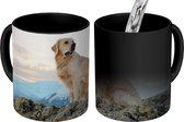 Magische Mok - Foto op Warmte Mokken - Koffiemok - Een golden retriever zit op de rotsen - Magic Mok - Beker - 350 ML - Theemok