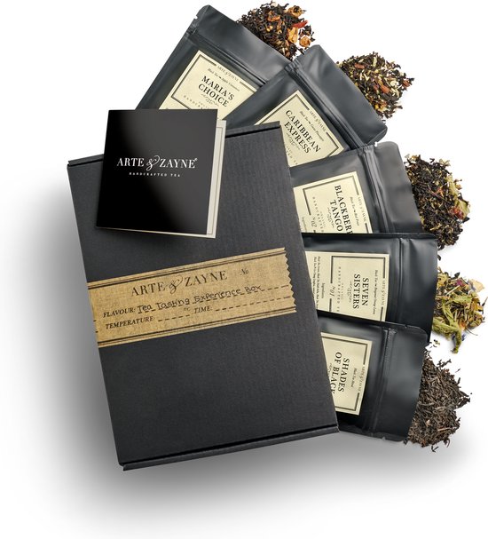 Arte & Zayne Tea Tasting Experience Box - Theedoos met 5 Zwarte Thee Blends - Biologische Losse Thee - Zwarte Theedoos - Zwarte Thee Cadeau - Zwarte Thee Box - Zwarte Thee Cadeaubox