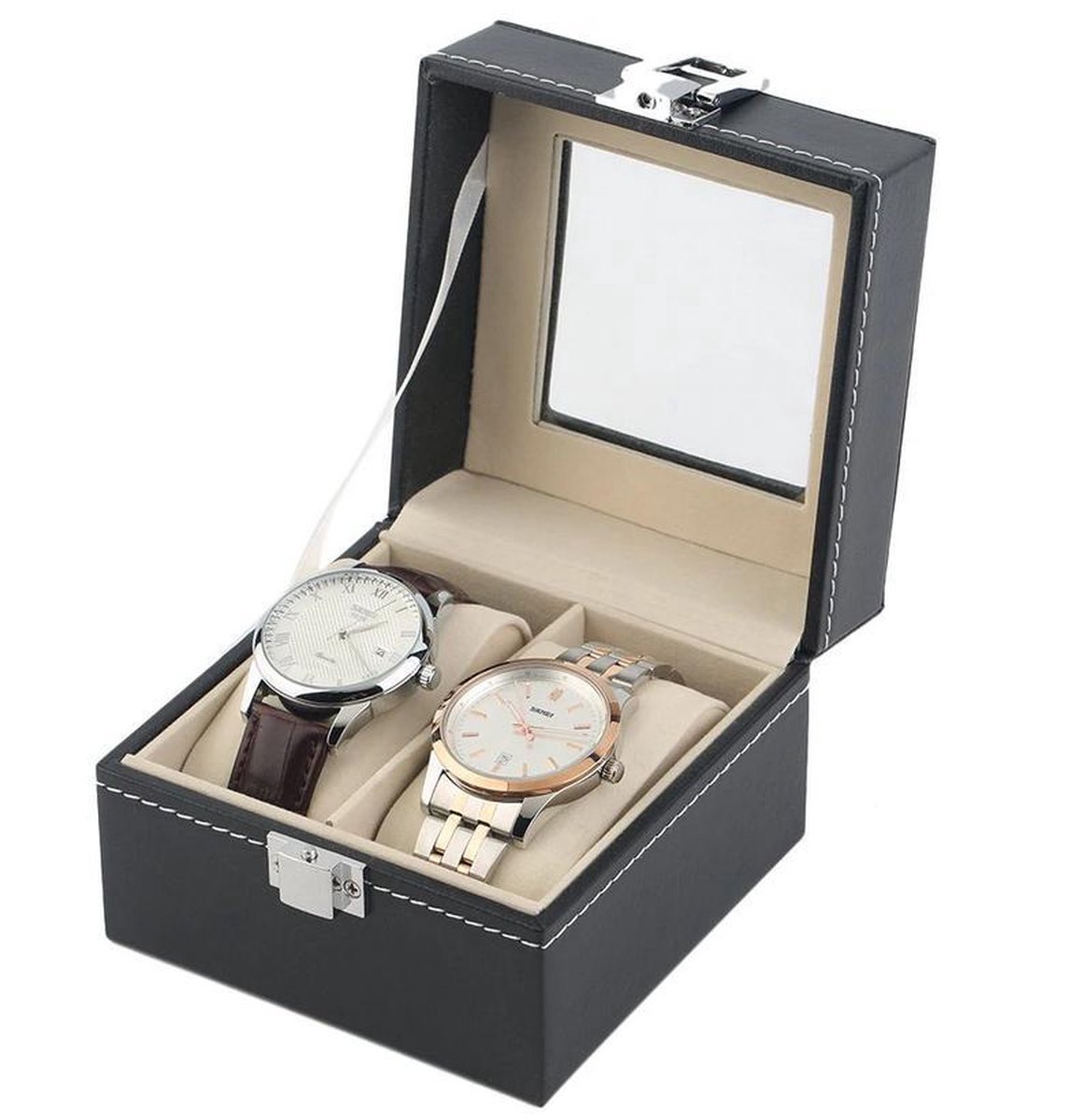 Horlogedoos | Luxe Leren Horloge Box | Geschikt voor Horloges en Sieraden | 2 Compartimenten met 2 Kussentjes | Zwart Leer V2.0