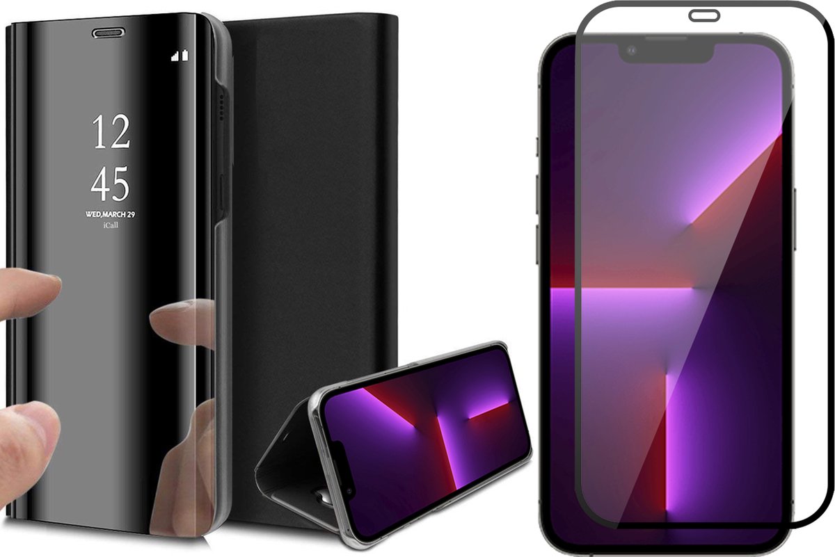 Hoesje geschikt voor iPhone 13 Pro en Full Screenprotector - Spiegel Book Case - Zwart